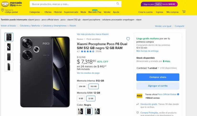 El Poco F6 esta prácticamente en remate en Mercado Libre, previo a la Navidad. Foto: Captura de pantalla