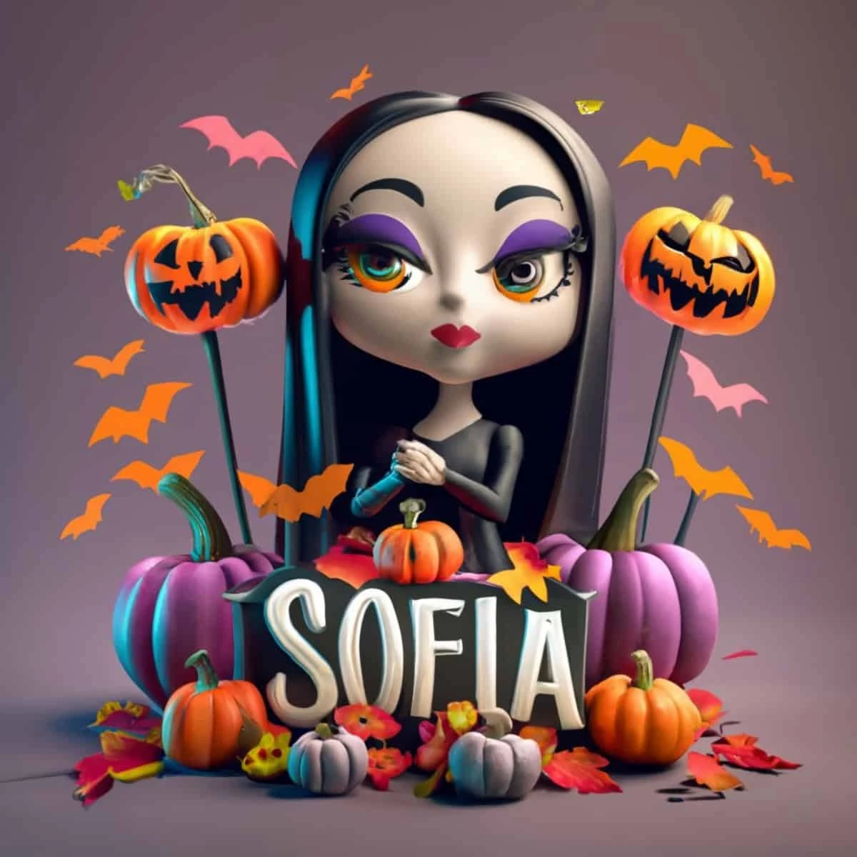 Nombres con diseño 3D de personajes representativos de Halloween creados por la inteligencia artificial.