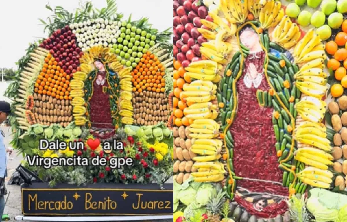 La imagen de la Virgen fue recreada únicamente con frutas y verduras. Fotos: TikTok @lalo_rodrigues1985
