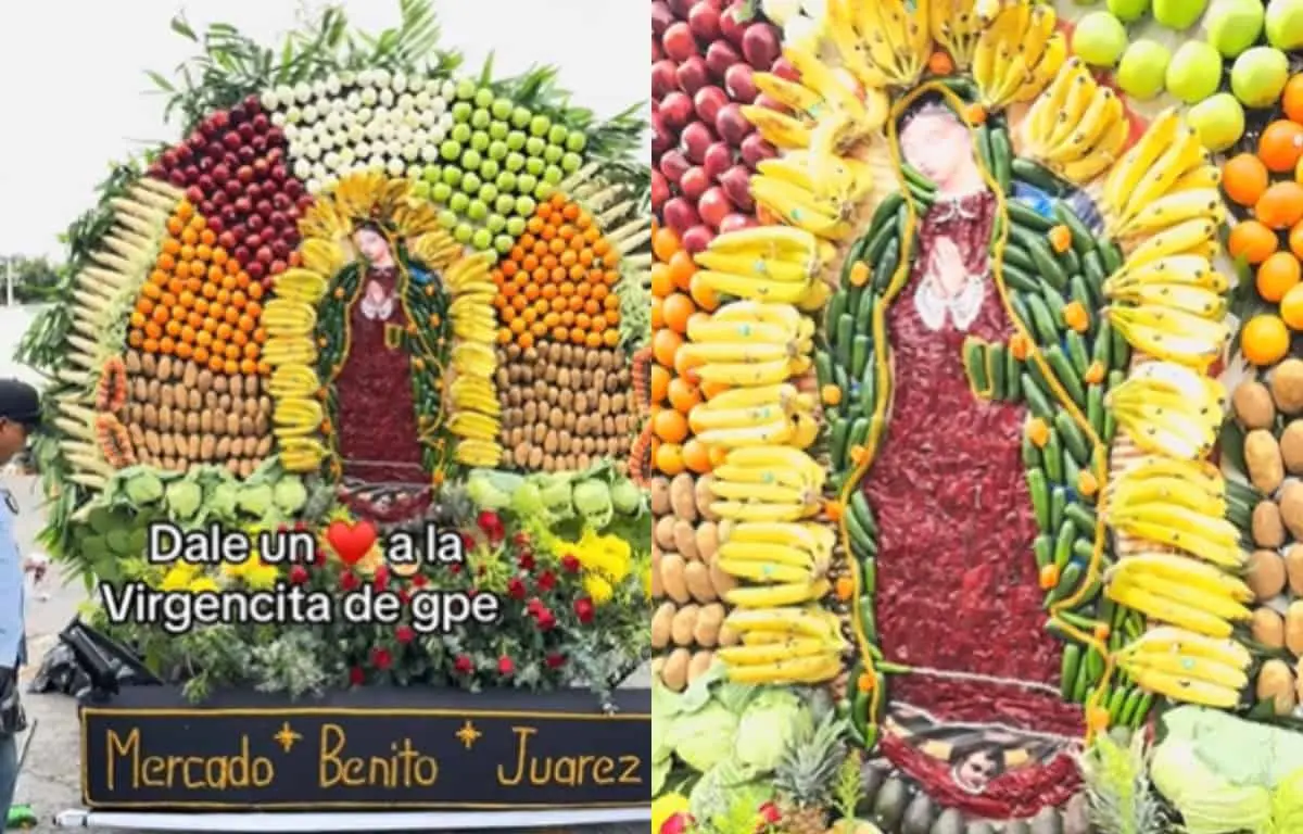 La imagen de la Virgen fue recreada únicamente con frutas y verduras. Fotos: TikTok @lalo_rodrigues1985