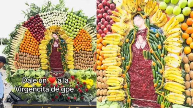 La imagen de la Virgen fue recreada únicamente con frutas y verduras. Fotos: TikTok @lalo_rodrigues1985