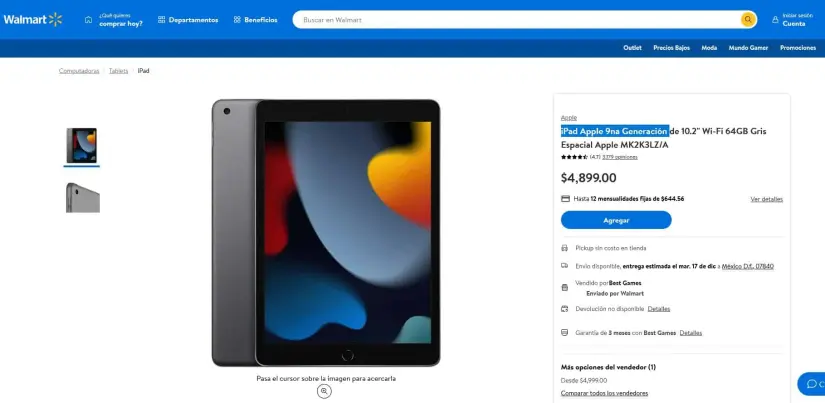 El precio del iPad  9na generación en Walmart