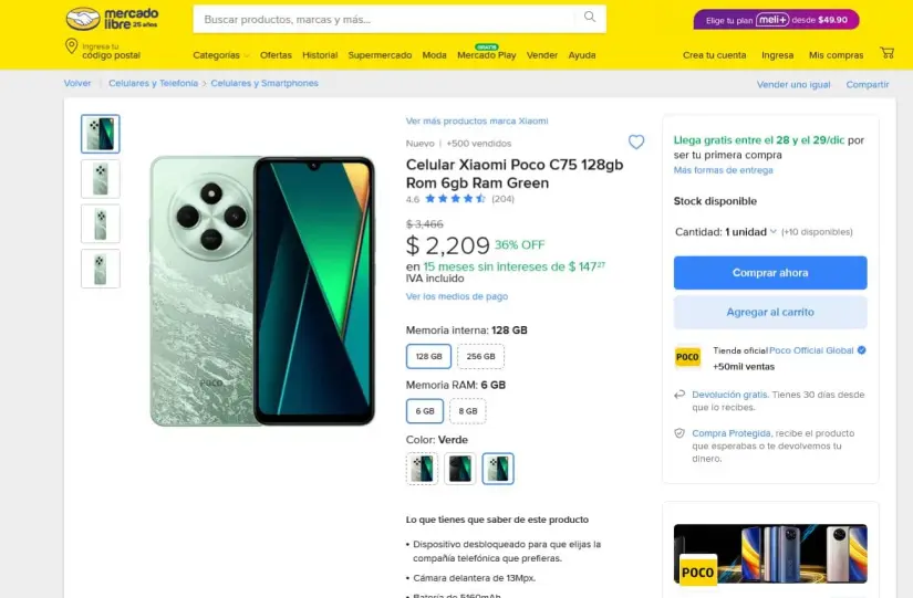 Poco C75 con oferta en la plataforma de Mercado Libre previo a Navidad. Foto Captura de pantalla