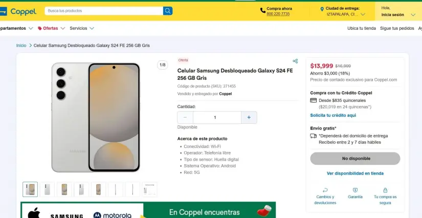 La promociona del Galaxy S24 FE en Coppel. Foto: Captura de pantalla