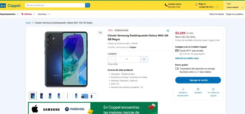 Galaxy M55 con oferta en Coppel, previo a la Navidad. Foto: Captura de pantalla