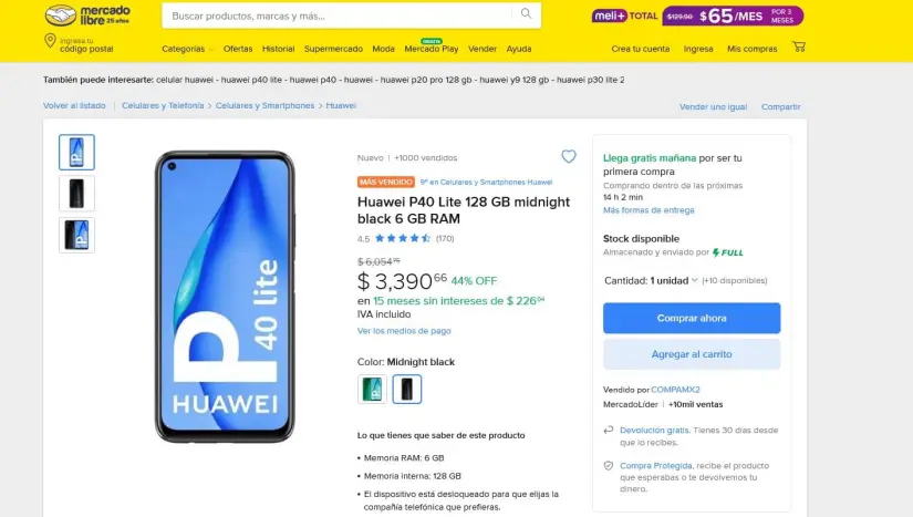 Huawei P40 Lite en remate en Mercado Libre, a pocos días de la llegada de Navidad. Foto: Cortesía