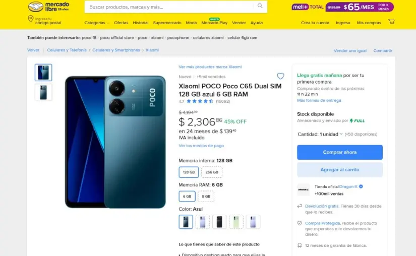 POCO C65 en oferta por Navidad en Mercado Libre. Foto: Captura de pantalla