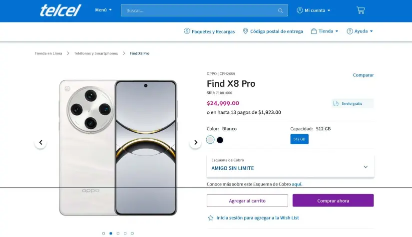 El precio del Oppo Find X8 Pro en Telcel