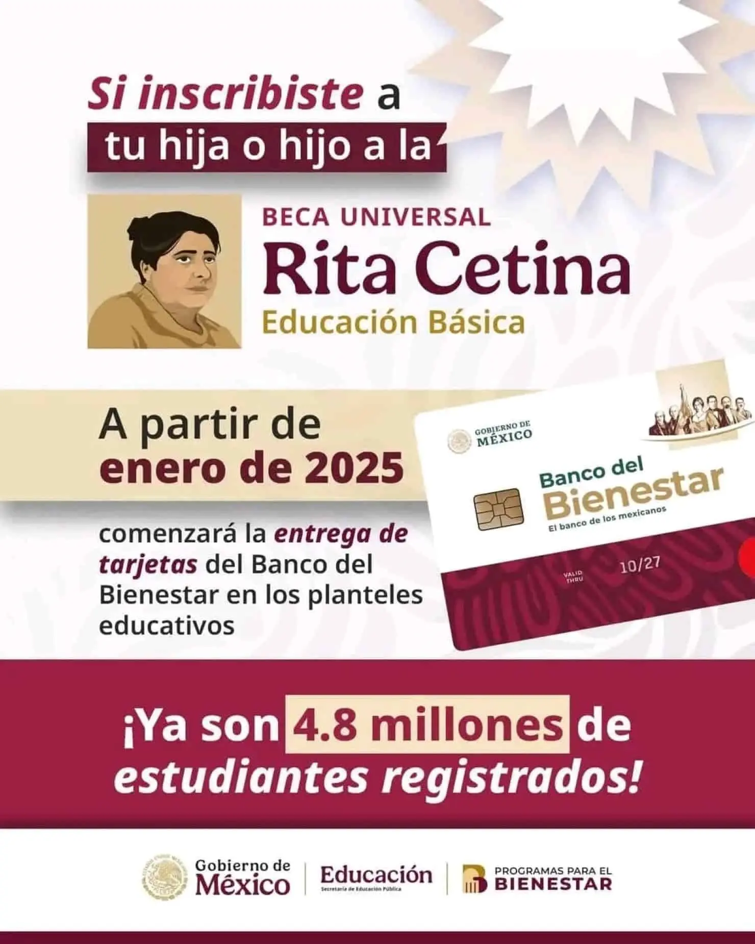 En enero de 2025 iniciará la entrega de tarjetas de la Beca Rita Cetina de secundaria. Foto: Cortesía