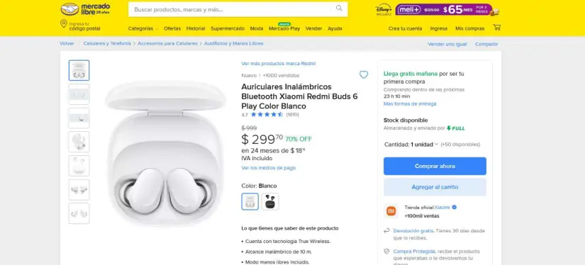 Auriculares Redmi Buds 6 Play en remate en Mercado Libre por la Navidad. Foto: Captura de pantalla