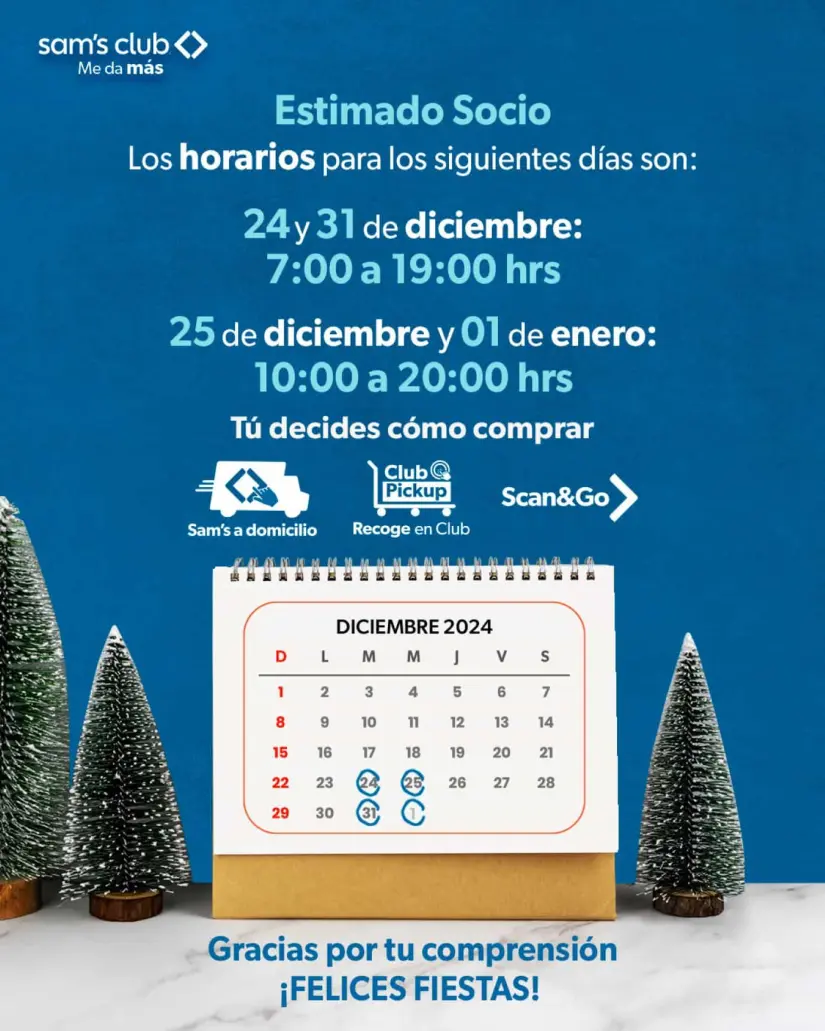 Así quedan los horarios de Sam's Club 24 y 25 de diciembre. Foto: Cortesía