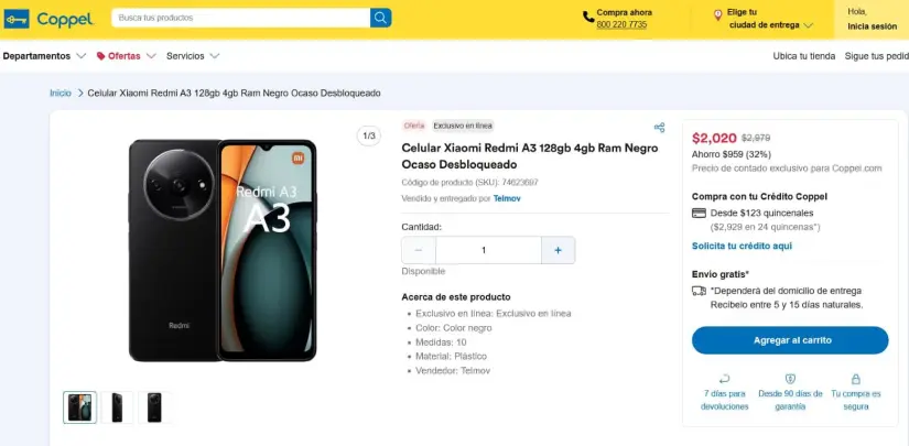 Redmi A3 con el 32% de descuento aplicado, que tiene en Coppel, en vísperas de Navidad 2024. Foto: Captura de pantalla