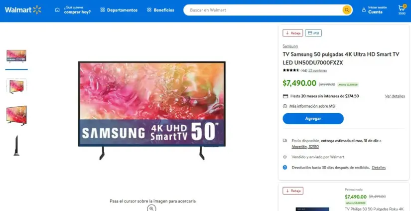 Pantalla Samsung con oferta navideña en Walmart