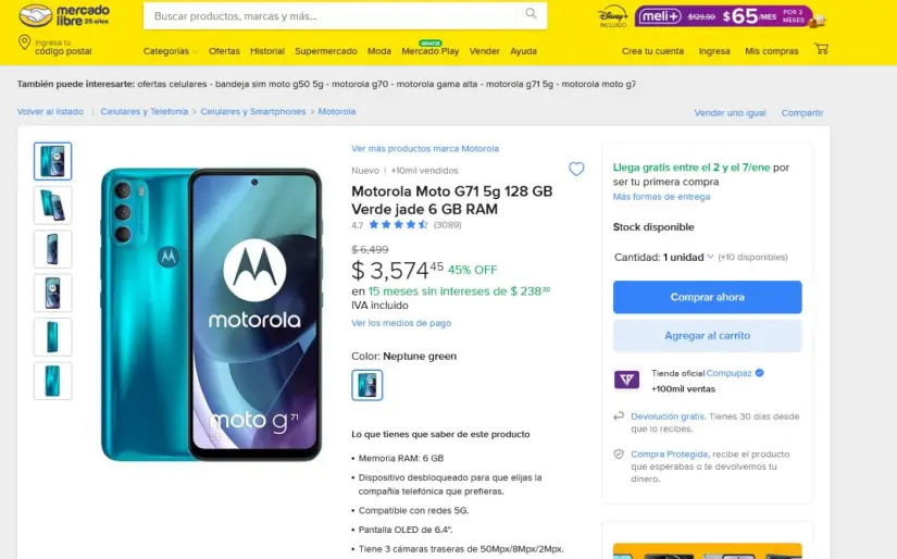 La oferta por Navidad del Moto G71 en Mercado Libre