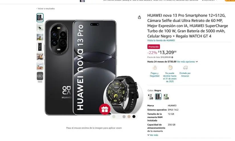 Huawei Nova 13 Pro en oferta en Amazon. Foto: Captura de pantalla