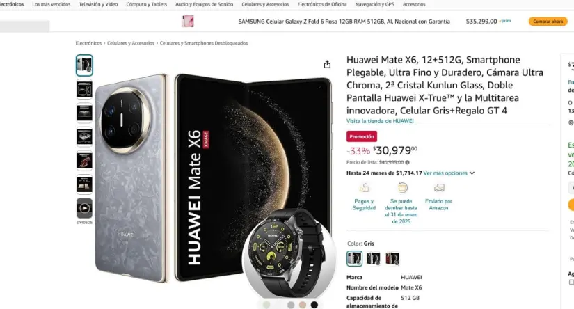 Huawei Mate X6  en promoción en Amazon. Foto: Captura de pantalla