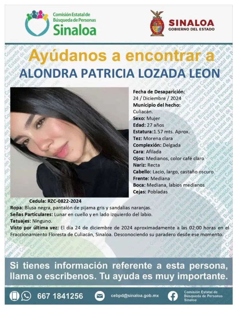 Activan búsqueda de Alondra Patricia Lozada León, de 27 años, desaparecida en Culiacán. Foto: Cortesía