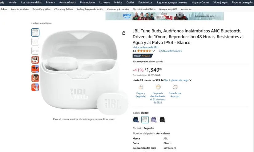 Los JBL Tune Buds en liquidación en Amazon, en vísperas de la llegada del 2025. Foto: Captura de pantalla