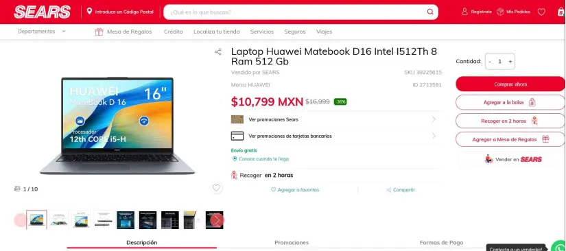 En promoción la Huawei MateBook D16 en Sears.