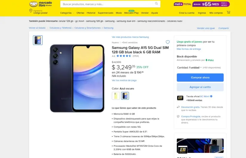 El Galaxy A15 en promoción por Año Nuevo en Mercado Libre