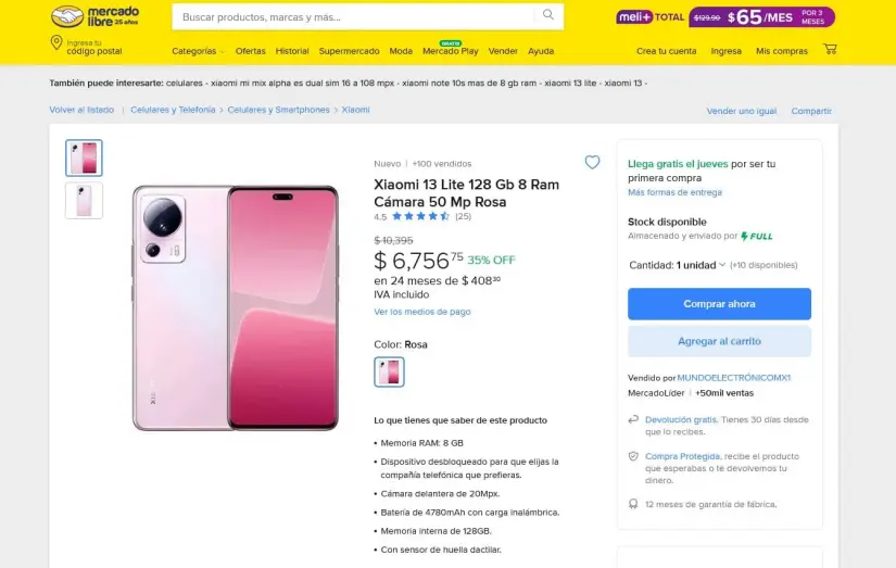 Oferta del Xiaomi 13 Lite en Mercado Libre por Año Nuevo. Foto: Captura de pantalla