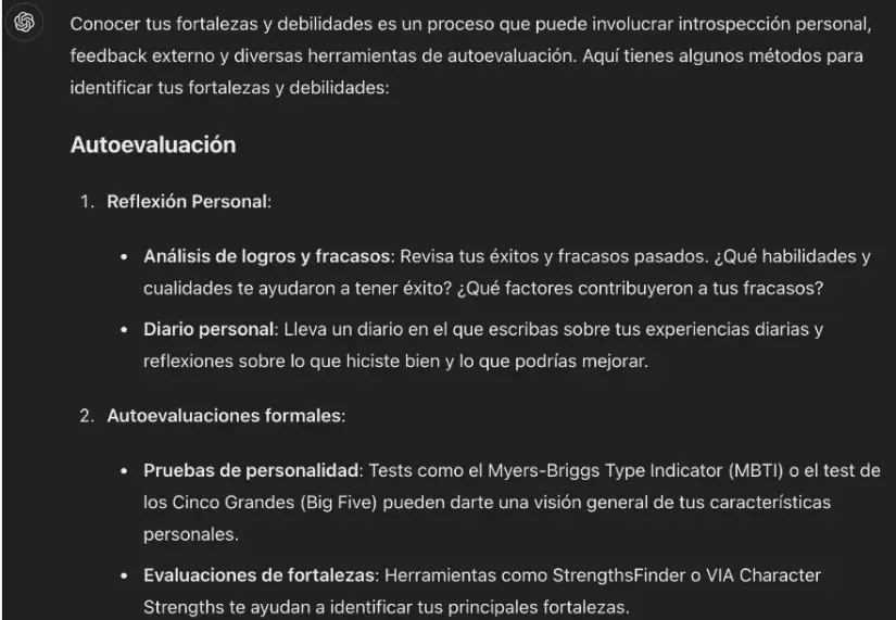 Respuesta: Métodos para conocer tus fortalezas y debilidades. Parte 1. ChatGPT.