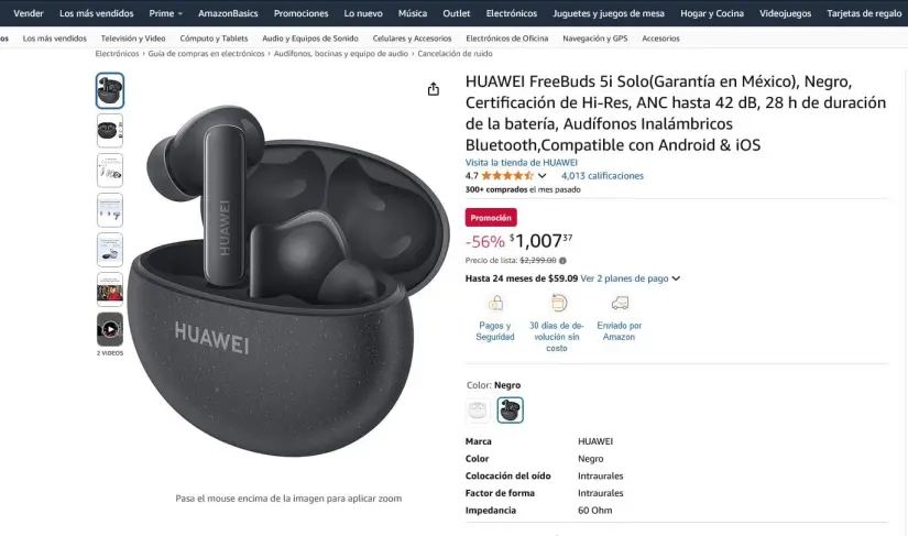 La oferta del Día de Reyes en Amazon: auriculares Huawei Freebuds 5i. Foto: Captura de pantalla