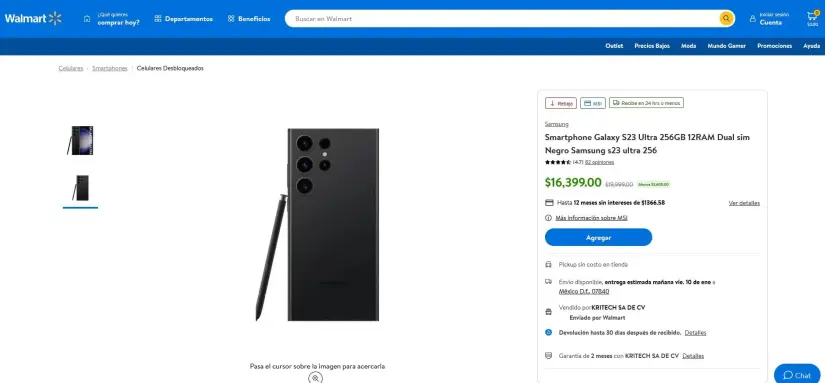 La oferta del Samsung Galaxy S23 Ultra en Walmart. Foto: Captura de pantalla