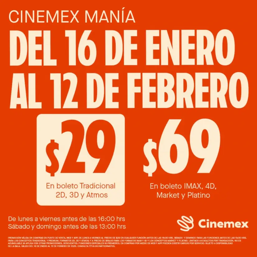 Boletos a 29 pesos para la sala tradicional en Cinemex 