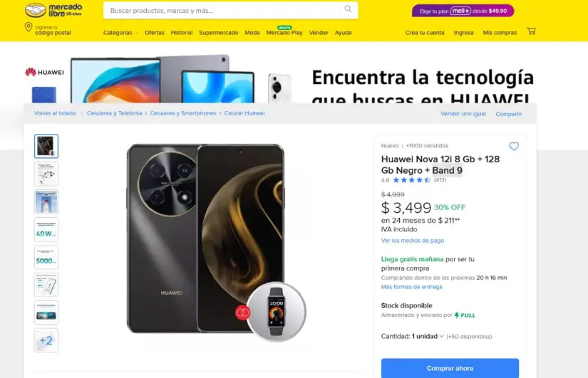 Huawei Nova 12i en oferta con Band 9 en Mercado Libre.