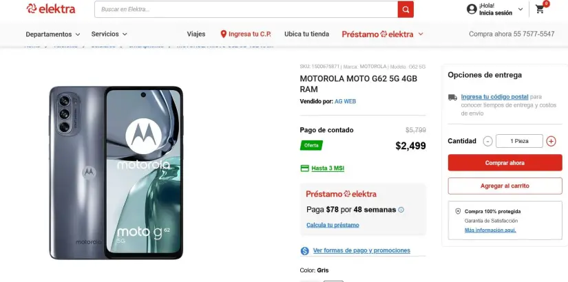 La oferta del Moto G62 en Elektra. Foto: Captura de pantalla