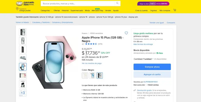  iPhone 15 Plus con oferta en Mercado Libre. Foto: Captura de pantalla