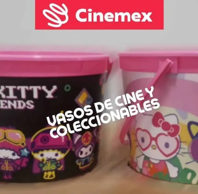 Los dos modelos de cubeta palomera del combo de Hello Kitty en Cinemex. Foto: Vasos De Cine Y C.