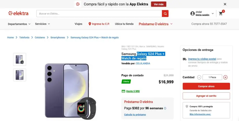 En promoción el Galaxy S24 Plus con un watch de regalo en Elektra. 