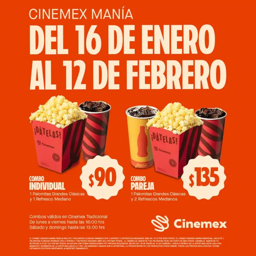 Combo pareja e individual con descuento en todas las sucursales de Cinemex en 2025. Foto: Cortesía