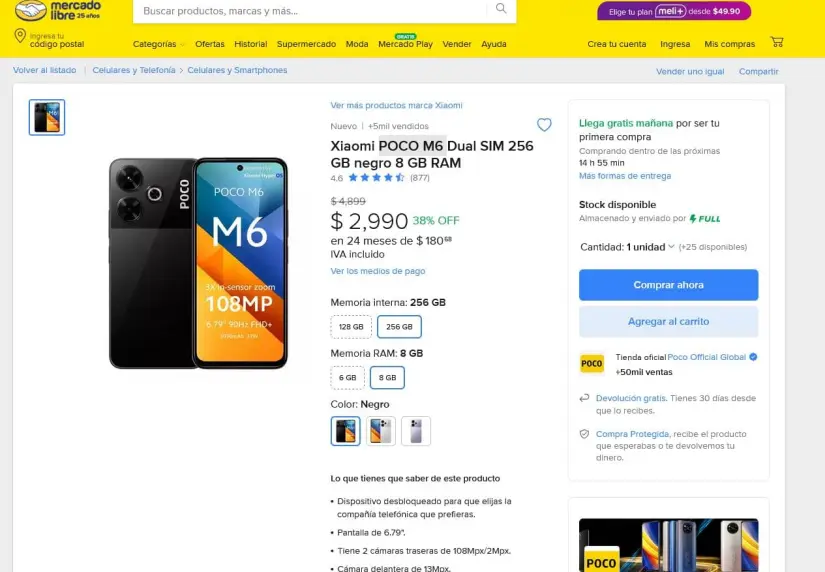 El Poco M6 en oferta en Mercado Libre. Foto: Captura de pantalla