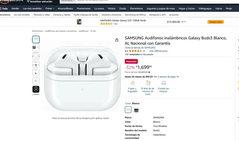 Oferta del Galaxy Buds 3 en Amazon. Foto: Captura de pantalla