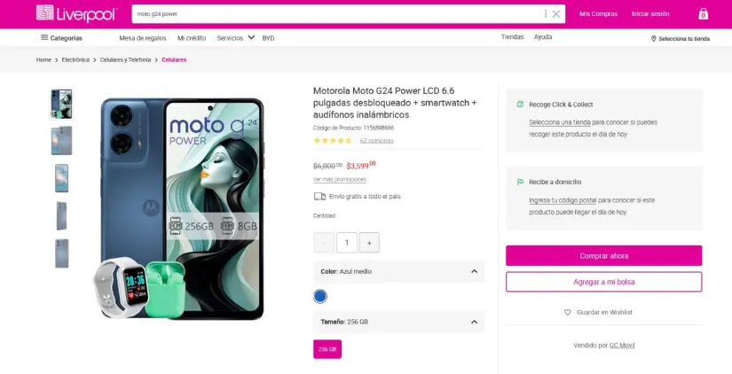 Liquidación del combo del Moto G24 Power con auriculares y smartwatch en Liverpool. Foto: Captura de pantalla