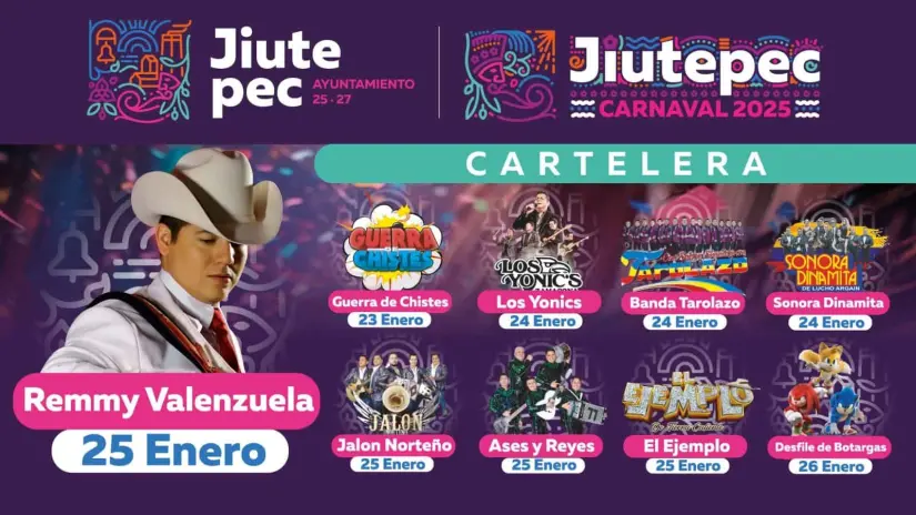 Artistas y precios del Carnaval de Jiutepec 2025. en el estado de Morelos. Foto: Cortesía