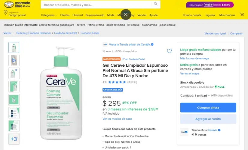 Mercado Libre liquida este limpiador facial CeraVe a mitad de precio