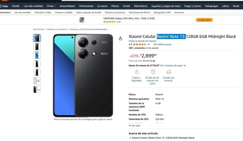 Con el 40% de descuento el Redmi Note 13 en Amazon. Foto: Captura de pantalla