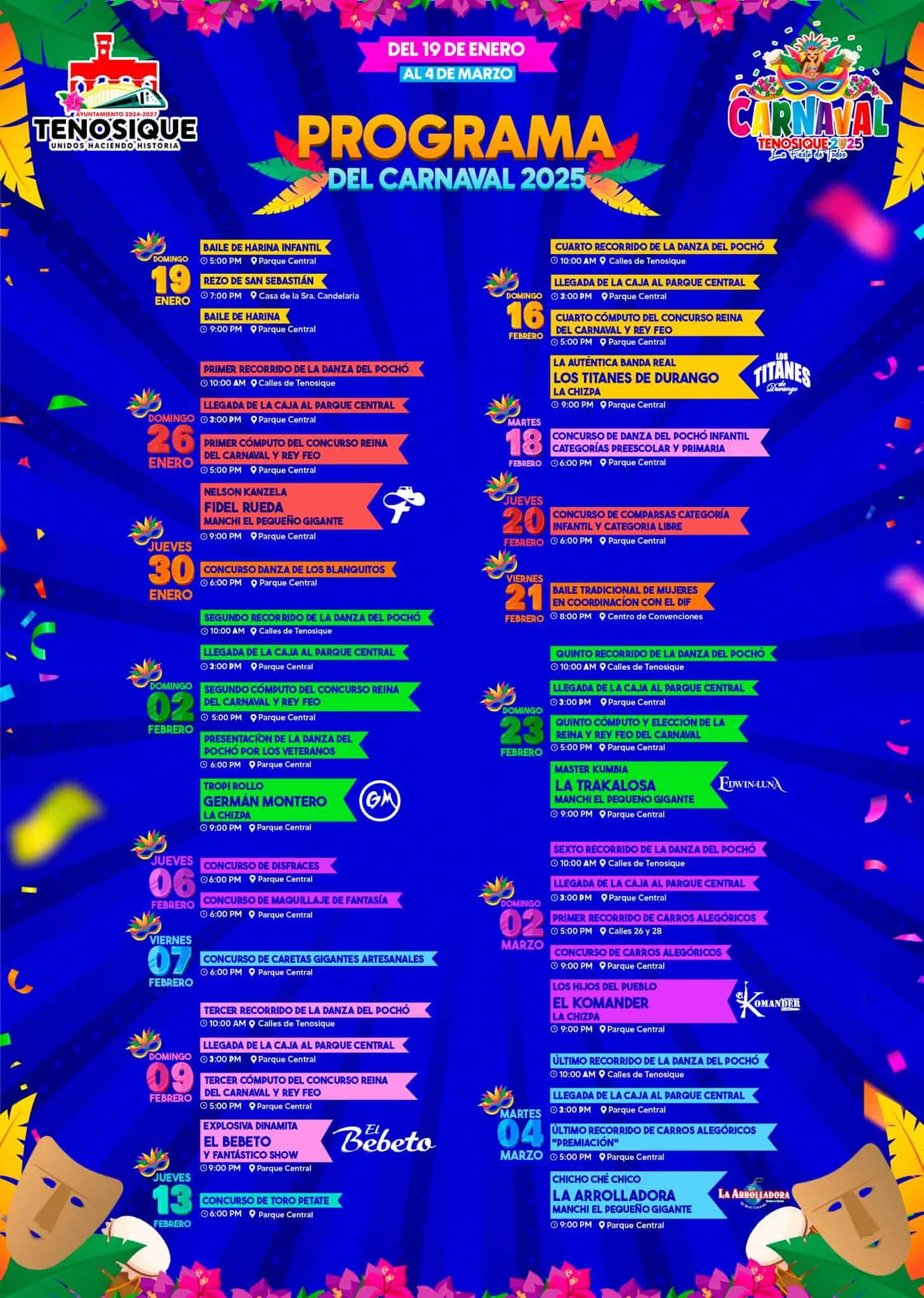 Programa de actividades y conciertos del Carnaval de Tenosique 2025. Foto: Cortesía