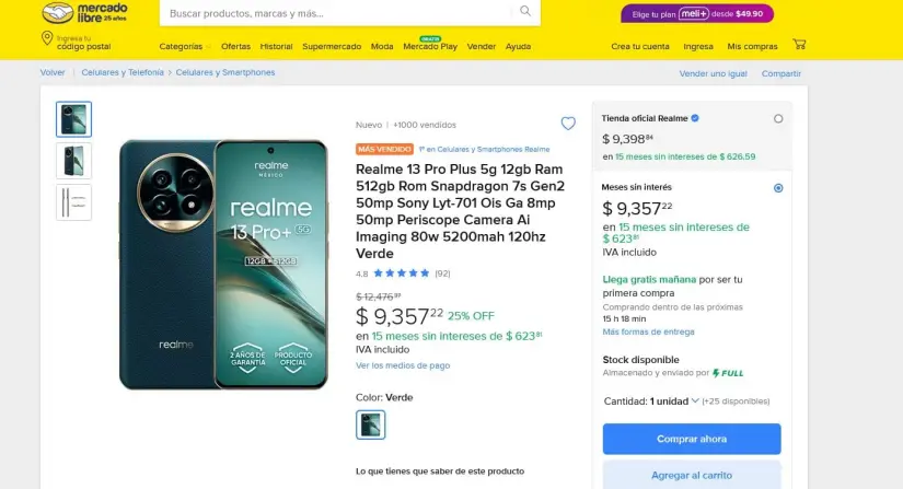 Realme 13 Pro Plus con oferta por el Día de San Valentín 2025 en Mercado Libre. Foto: Captura de pantalla