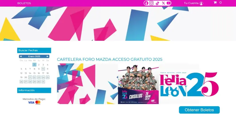 Plataforma para conseguir boletos gratis para conciertos del Foro Mazda de la Feria de León 2025. Foto: Captura de pantalla