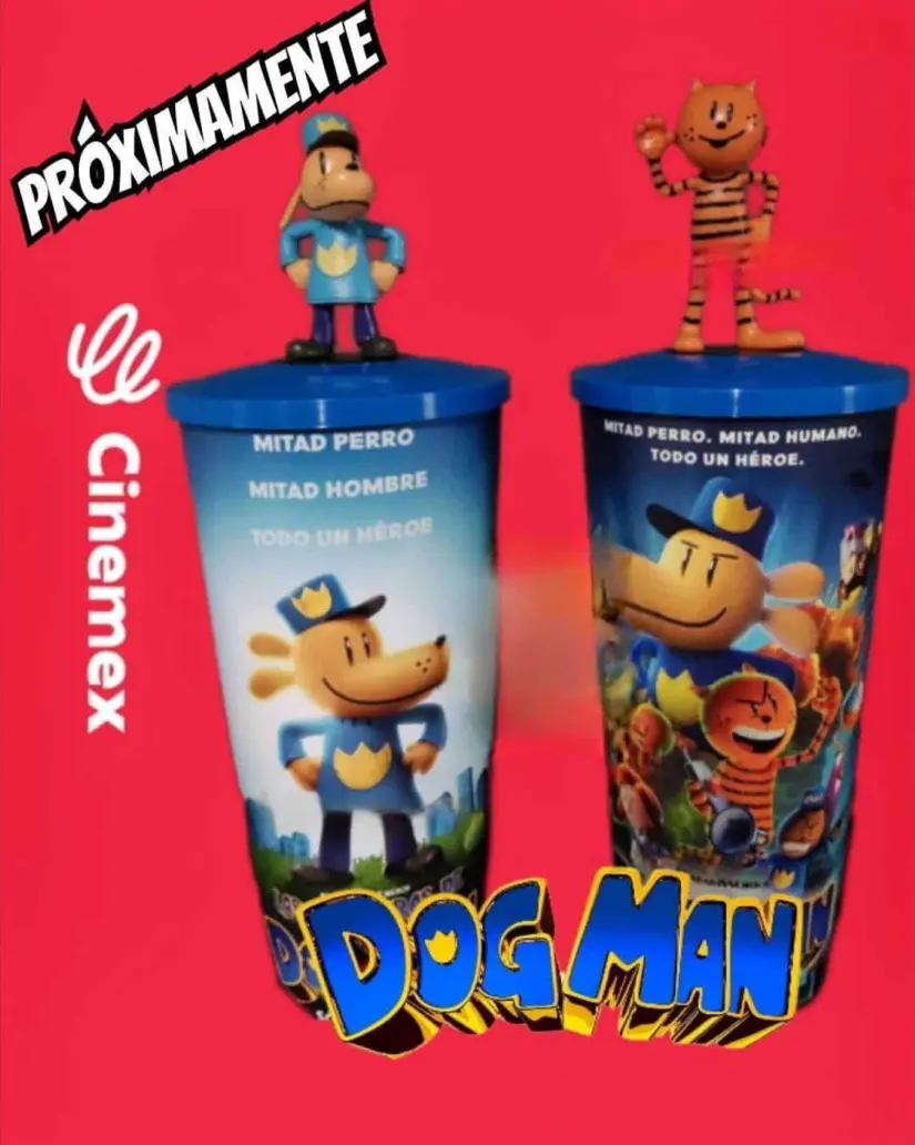 Los vasos de Dog Man que venderá Cinemex