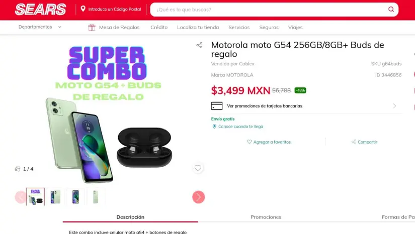 Oferta del Día de San Valentín del Moto G54 en Sears con auriculares gratis. Foto: Captura de pantalla