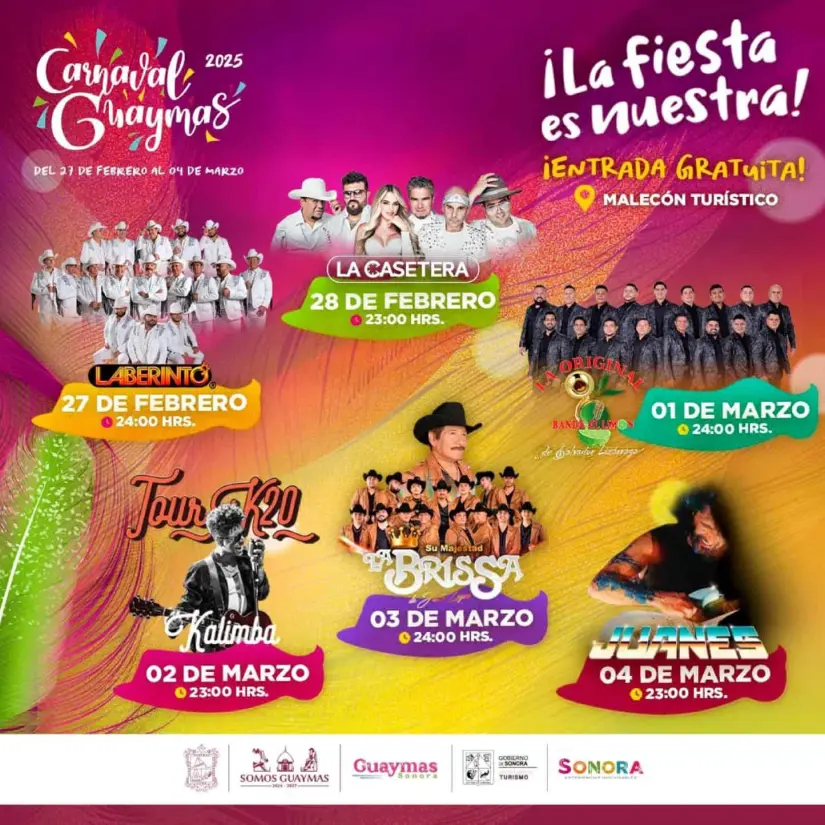 Cartelera de artistas en el Carnaval de Guaymas 2025 y horarios. Foto: Cortesía