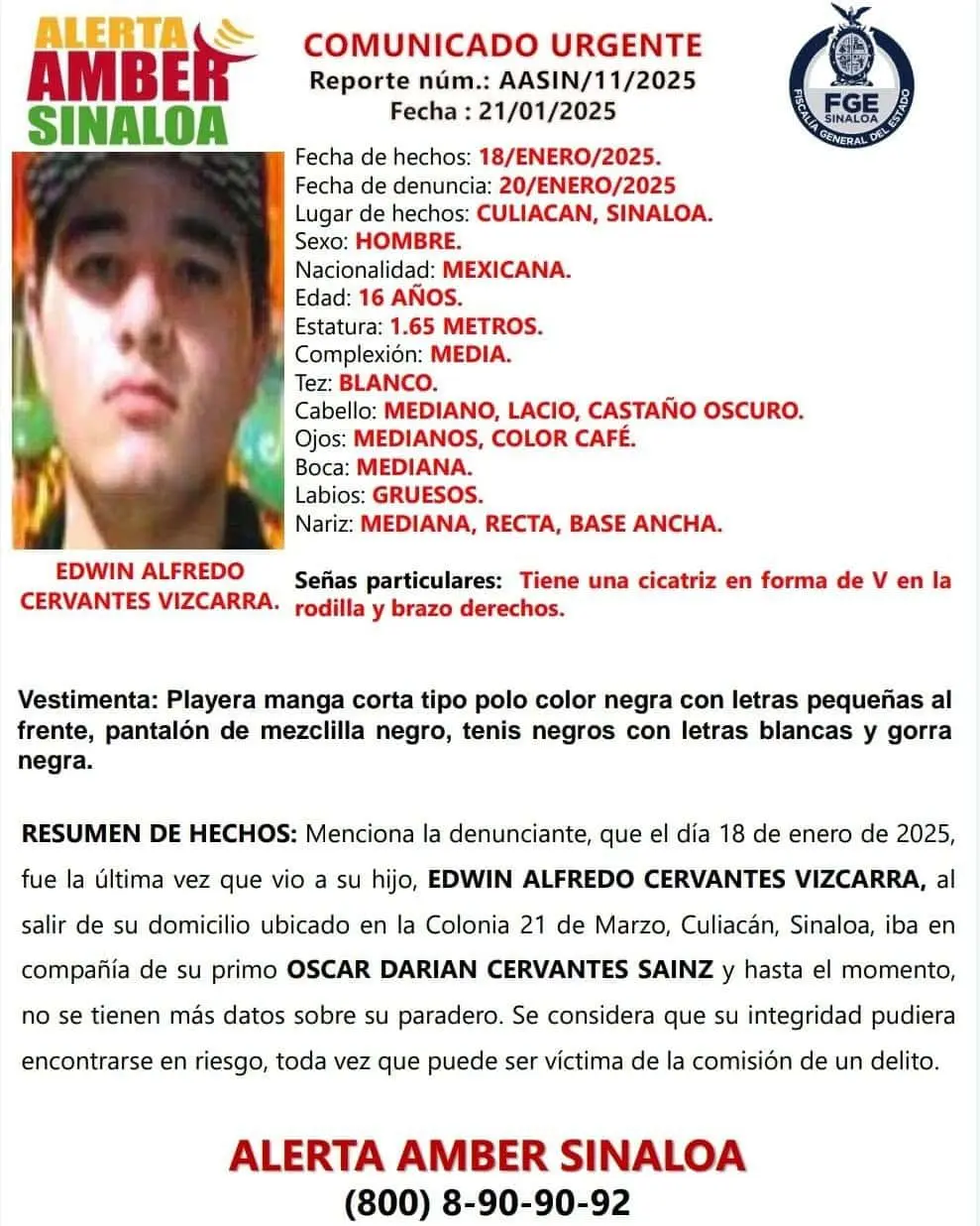Edwin fue visto por última vez tras salir de su domicilio en la colonia 21 de marzo. Imagen: FGE
