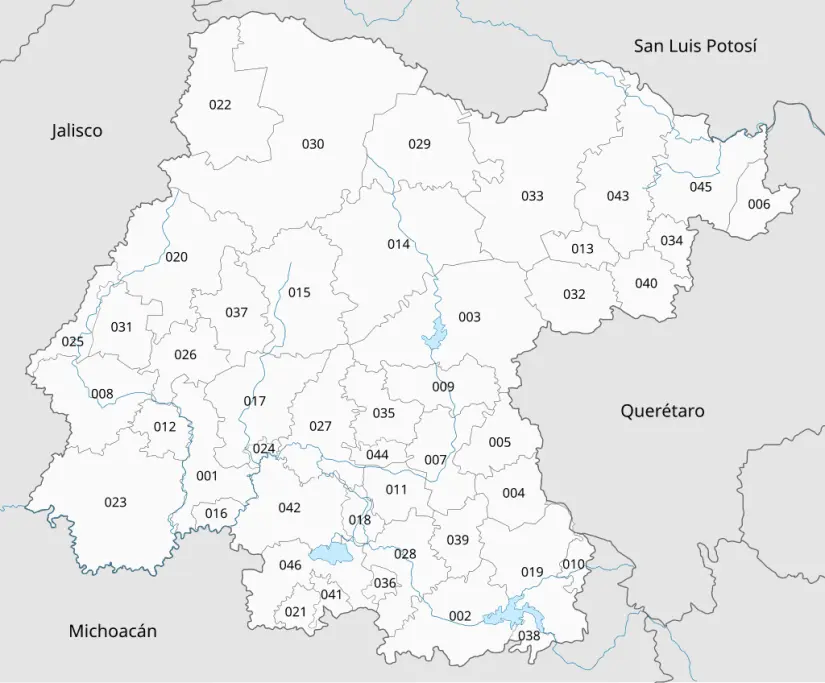 Mapa de los municipios de Guanajuato, cada uno con su clave municipal