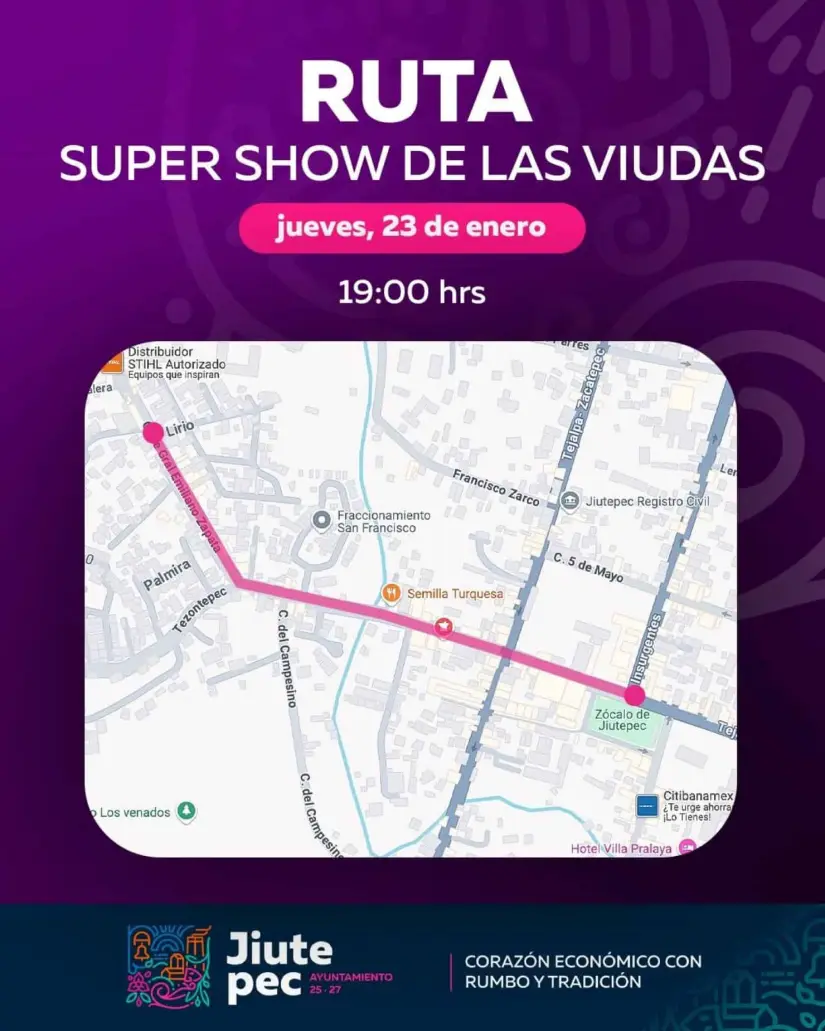 Ruta del Show de las Viudas del Carnaval de Jiutepec 2025, en Morelos. Foto: Cortesía